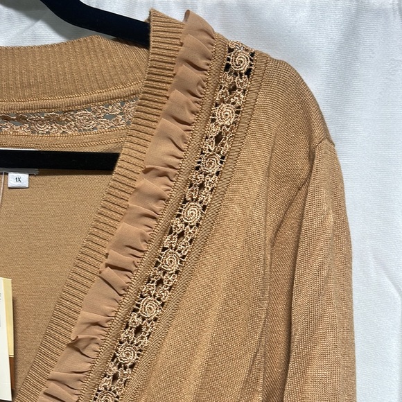 Coldwater Creek Camel-colored Pleated Chiffon Trim Cardigan - NWT - Picture 2 of 8